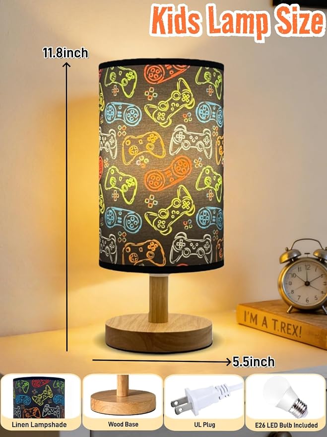 Video Game Table Lamp,Night Light for Kids Room,Cartoon Bedside Lamp 3-Color Dimmable LED Desk Lamp with Linen Lampshade and Wood Base for Bedroom Living Study Home Decor for Practical Gift for Boys