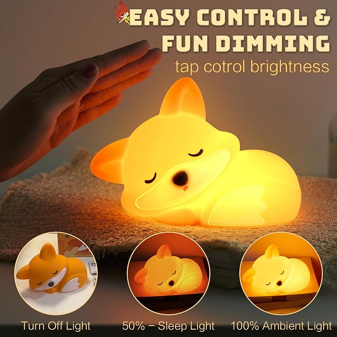 Cute Fox Lamp, Fox Night Light for Kids, Squishy Rechargeable Dimmable Toy, Baby Nursrery Nightlight, Woodland Animal Décor, Xmas White Elephant Gifts, Touch Light Up Foxes, Safe Silicone