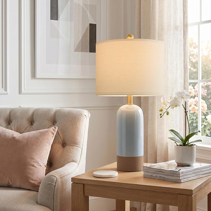 PoKat 24'' Farmhouse Blue Table Lamps Set of 2 for Living Room, Two-Tones | Ceramic Bedside Lamps for Bedroom, Hand-Textured Design, Kiln Variation Glaze, Coastal Lamps for Nightstand, Hallway,Entryway