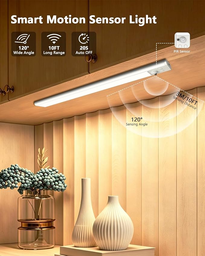 Under Cabinet Lighting,80LED Motion Sensor Light Indoor with Remote,2200mAh Rechargeable Closet Lights Wireless,Dimmable,3Color Temps,Magnetic Under Counter Lights for Kitchen,Stair, 2Pack