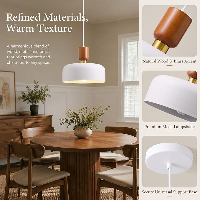 Nordic Sculptural White Pendant Light: Metal Wood Kitchen Island Chandelier | 12" Mid Century Pendant Lighting Over Kitchen Sink - Modern Ceiling Light Fixture for Dining Room Bedroom Hallway Entryway