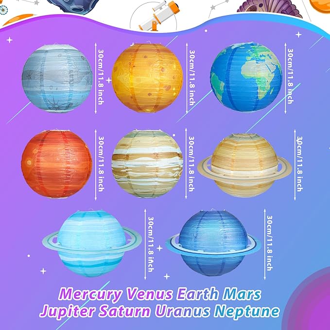 8pcs Planet Paper Lanterns, 12 Inch Outer Space Party Decorations | Solar System Hanging Planets Lantern, for Kids, Space Theme Party, Birthday Room Decorations
