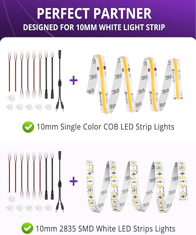 HitLights LED Strip Connector 2Pin 10mm Connector Kit Include Gapless Connector, Jumper Connectors, Pigtail Connector, DC Female and Connector, DC Jack Splitter for COB/2835 Single Color LED Strips