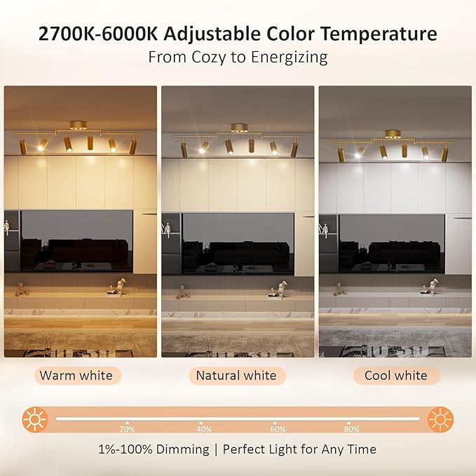 2-Pack 6 Light Heads Gold Track Lighting Kit, 36W 2700K-6000K & Brightness Dimming, Modern LED Ceiling Light Fixture with Flexible Rotatable Heads, APP/Remote/Alexa Control, Gold Kitchen Light Fixture