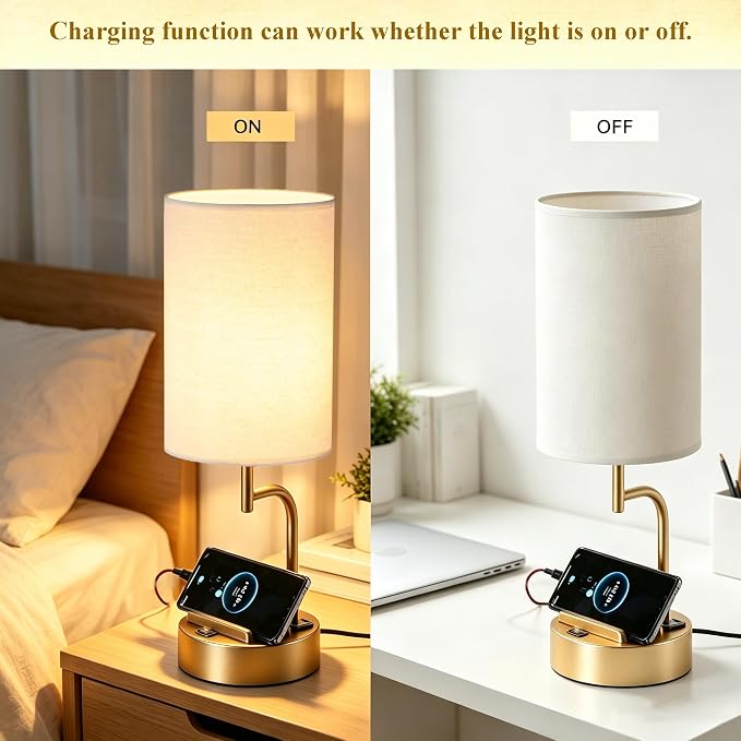 Dreamholder 2 Pack Table Lamp, Bedside Lamp with 3 USB Charging Ports & AC Outlet, USB Desk Lamp with 2 Phone Holders, Linen Fabric Shade Nightstand Lamps for Bedroom Living Room Office, Gold