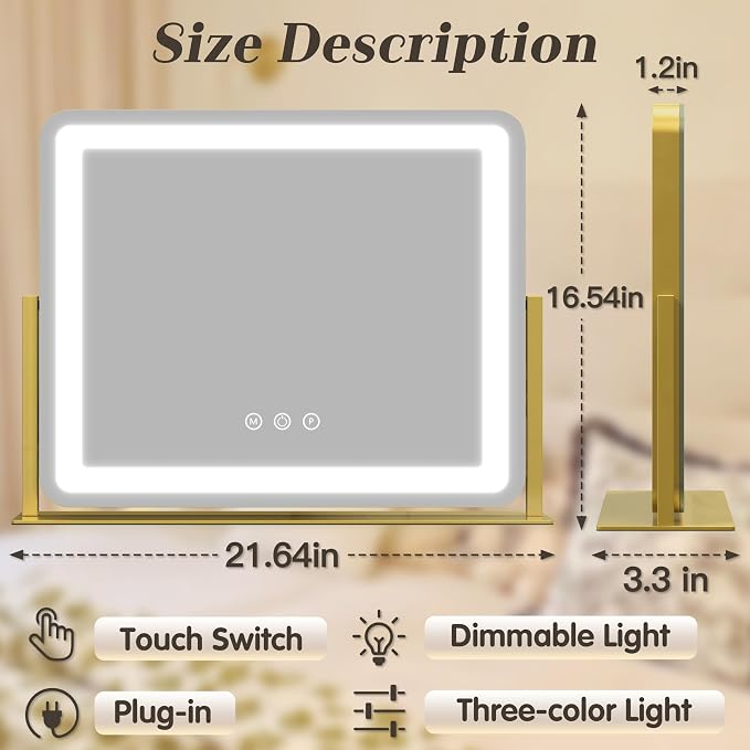 ROLOVE Gold Vanity Mirror with Lights - Smart Touch Dimming, 3-Color Lighting, 360° Rotatable Desktop Makeup Mirror for Desk, 22"x17"