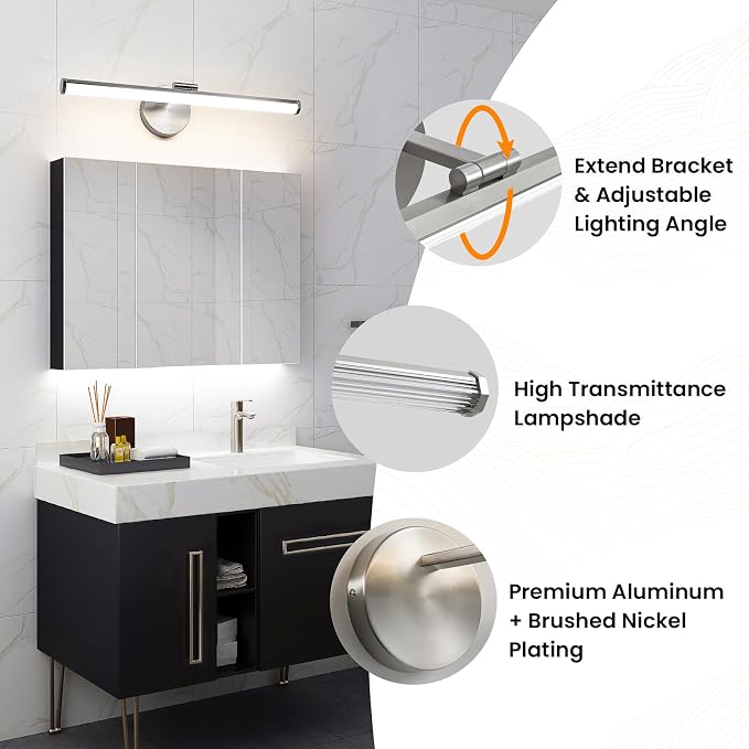 KAISITE Bathroom Light Fixture Over Mirror 22IN Brushed Nickel Vanity Lighting Fixture Dimmable LED Vanity Light Rotatable Modern Bathroom Light Bar 18W 3000K