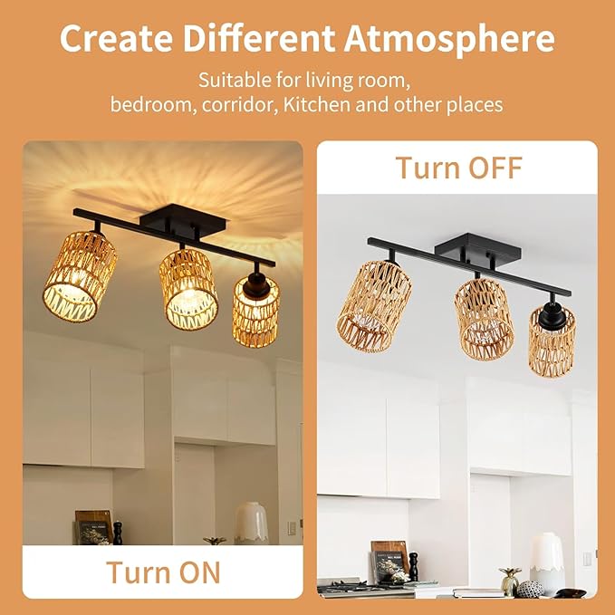 3-Light Rattan Ceiling Lighting Kits Track Lighting Fixture with Boho Farmhouse Style, Modern Bathroom Light Fixtures Black Spotlight and Rattan Shades for Kitchen Bathroom Living Room Hallway