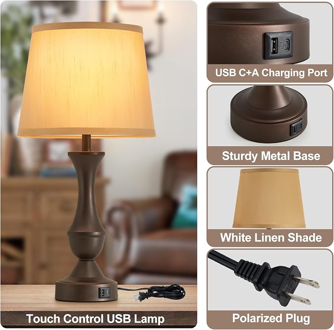Luvkczc 22" Table Lamp Set of 2 - Farmhouse Vintage Brown Bedside Lamp with Brown Fabric Shade, Dimmable, USB C+A Ports, Nightstand Lamp for Living Room Bedroom (Bulb Included)