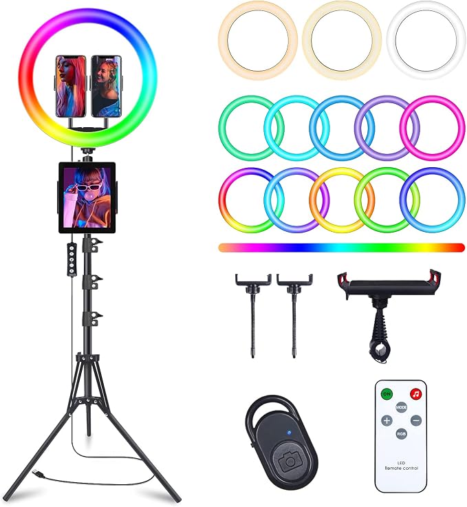 13" Selfie Ring Light with 76" Tripod Stand & 3 Phone Holder, LED Camera Ringlight with 48 RGB Colors Modes & Musical Rhythm Mode and 12 Brightness Dimmable for Makeup/Photography/Videos/Vlog/TikTok