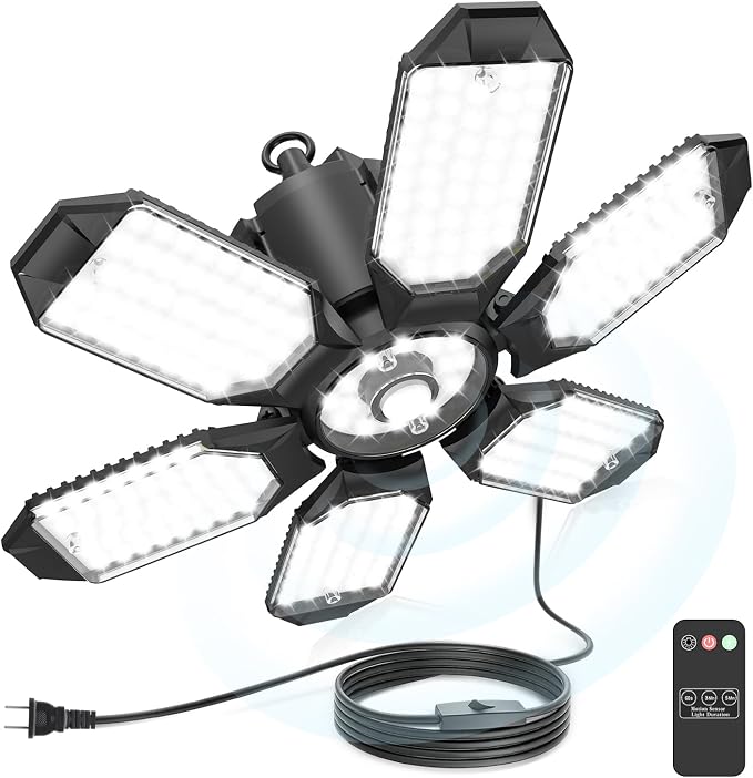 Motion Sensor Garage Lights with Remote, 20000LM Plug-in Shop Lights | 1/3/5-Min Auto-Off, Linkable Design, 6 Deformable LED Panels, Ultra Bright 6500K Wide-Angle Lighting for Garages, Workshops