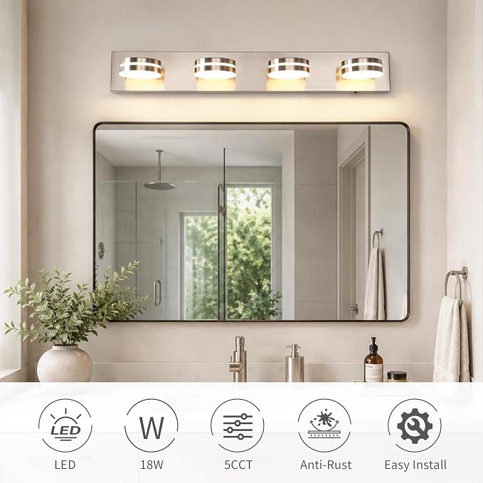 Brushed Nickel Vanity Lights for Bathroom 4-Light 5CCT Dimmable | 30in 24W LED Bath Lighting Fixture, Modern Wall Mounted Lighting Fixture for Dressing Room Cabinet