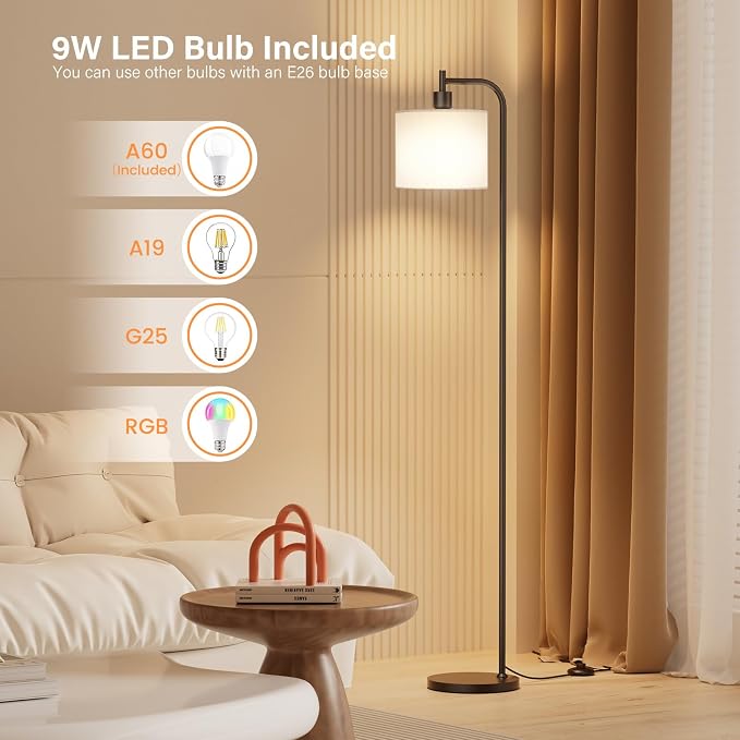 Floor Lamp for Living Room, Tall Standing Lamp with Linen Shade | Dimmable with Remote Control, 3 Color Temperatures, 9W LED Bulb Included, Ideal for Bedroom, Office and Reading Corner