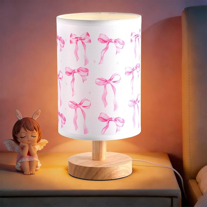 Lonfliness Pink Bow Kids Table Lamp Kids Bedside Lamp Bedroom LED Night Light with Linen Wooden Nightstand Cartoon Nursery Lampshade for Girls Boys Living Room