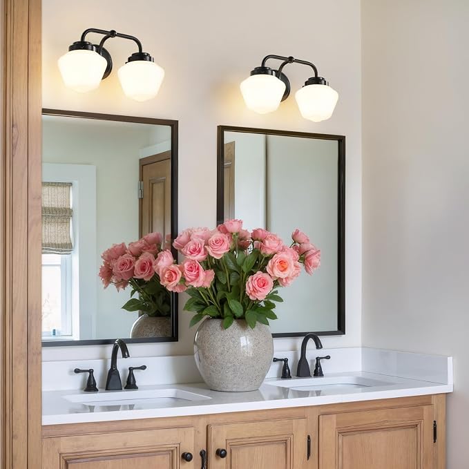 RUIYEY Bathroom Vanity Light Fixtures: 2-Light Black Bathroom Lighting Fixtures Over Mirror with Milky White Frosted Glass Shade, Farmhouse Modern Wall Light for Bath