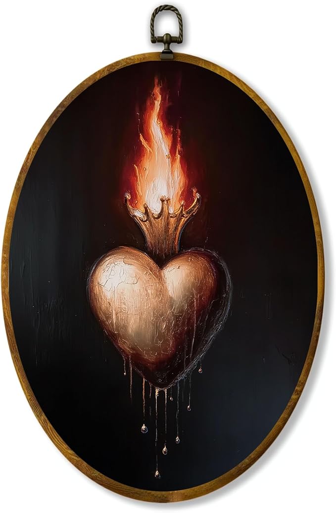 zewepri Sacred Heart Oval Wall Art, Gothic Vintage Decor, 8.5x11.5 | Vintage flaming heart print adds moody gothic charm to nursery, bedroom, bathroom, living room, or gallery wall