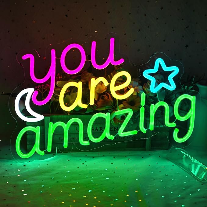 You Are Amazing Neon Sign - Pink/Yellow/Green Moon & Stars Wall Decor | 15.7"x9.8" Bedroom Light with Dimmer, 6.5ftUSB Powered, Hanging Chian Included