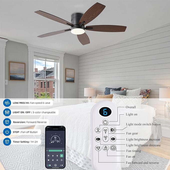 KNUN 51 inch Ceiling Fan with Light and Remote/App Control, Flush Mount Low Profile, Reversible DC Motor, Brown Modern Ceiling Fan with Light, Dimmable,Noiseless,for Bedroom Living Room