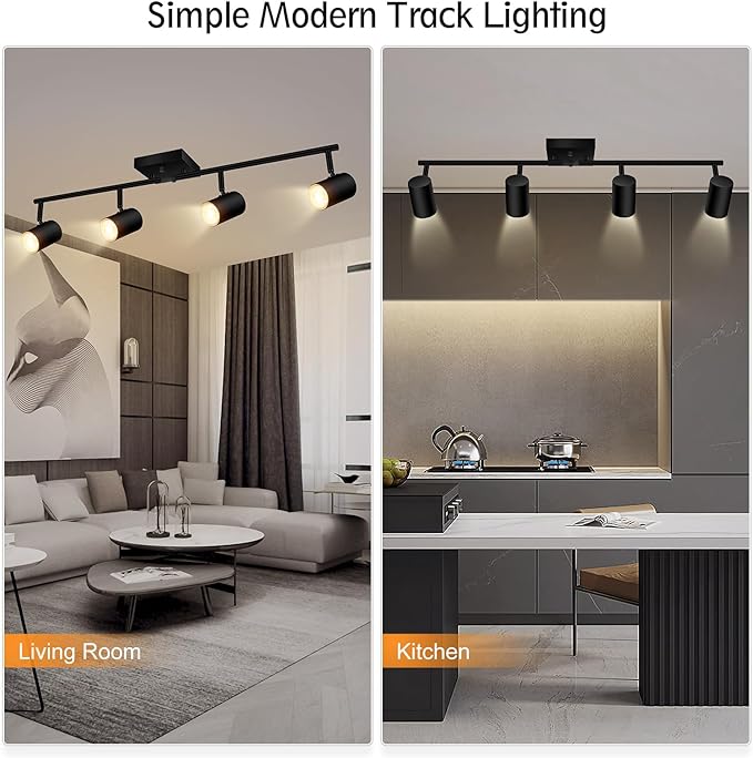 4 Light Track Lighting Fixtures Ceiling, Matte Black Track Lights Ceiling with Flexibly Rotatable Light Heads, Modern LED Track Light kit for Kitchen/Hallway, GU10 Bulb Not Included