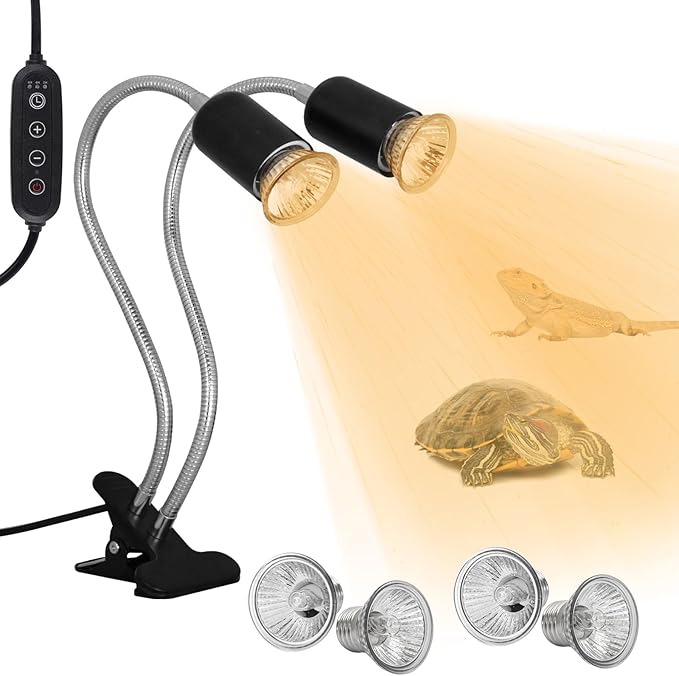 Reptile Heat Lamp, Double-Head Heat Lamp with Clamp, Cycle Timer, Dimmable UVA UVB Basking Light for Turtle Tortoise Lizard Snake Bearded Dragon, 4 Bulbs (2PCS 25W+2PCS 50W)