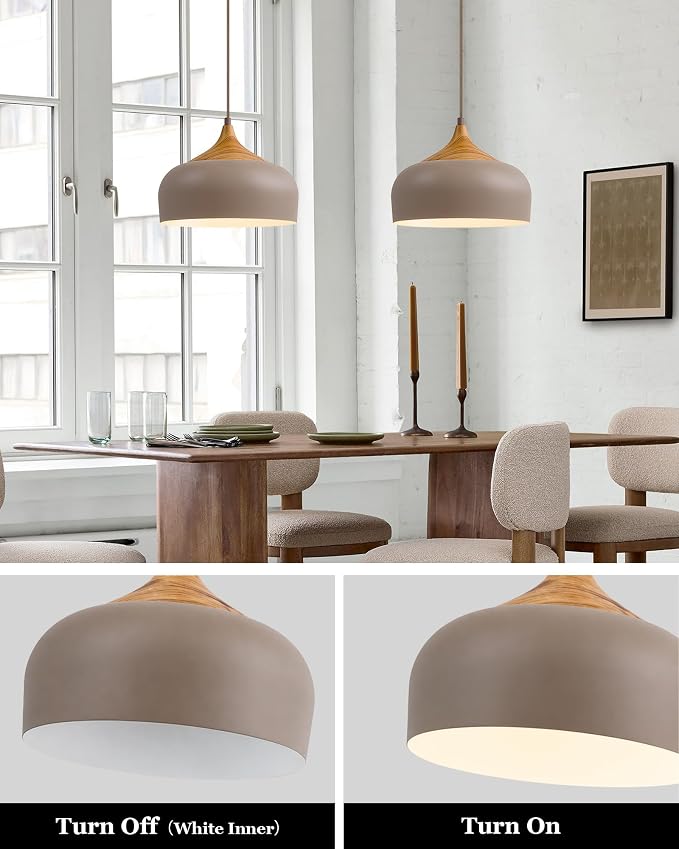 ELYONA 12" Japandi Pendant Light, Farmhouse Pendant Light Fixture with Faux Pine Wood Grain Metal Shade, Adjustable Hanging Light for Kitchen Island Dining Room Bedroom Sloped Ceiling, Caramel Brown