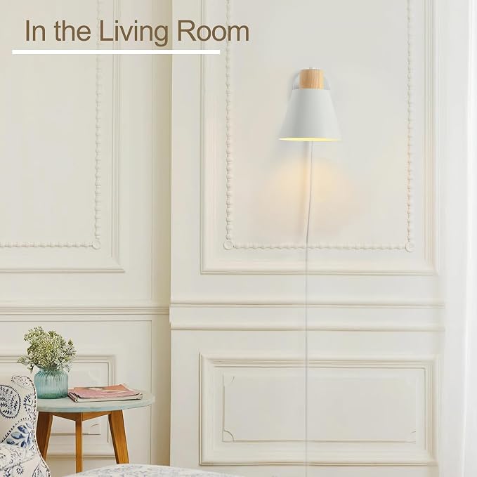 White Plug in Wall Sconces with Switch for Bedroom, Modern Rotation Wall Lamps Up Down E26 Mounted Fixture Wood Metal Lighting Switch Bedside Decor Reading Lights for Kids Bedroom, Living Room