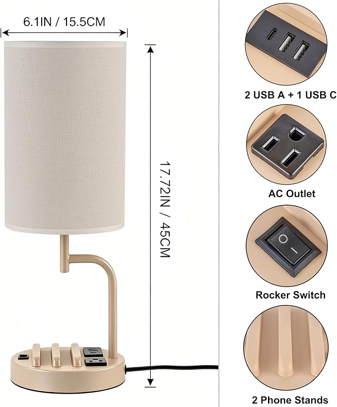 Dreamholder 2 Pack Table Lamp, Bedside Lamp with 3 USB Charging Ports & AC Outlet, USB Desk Lamp with 2 Phone Holders, Linen Fabric Shade Nightstand Lamps for Bedroom Living Room Office, Beige