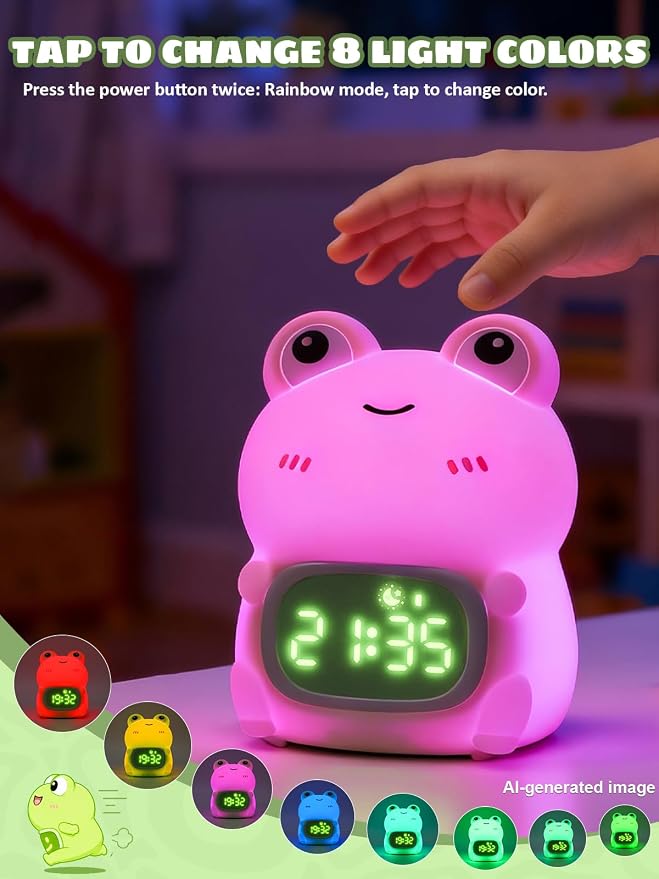 Frog Alarm Clock with Night Light for Kids, Silicone Cute Toddler Wake Clock, Rechargeable 7 Colors RGB & Warm Light, Sleep Companion for Boys Girls