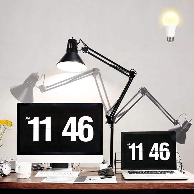 Black Desk Lamp with Clamp, Extra-Tall Adjustable Metal Swing Arm, 3000K | Manicurist Table Lamp for Nail Work, Drafting, Sewing, Crafting, College Dorm and Home Office, A19 Bulb Included