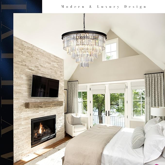 Large Crystal Chandelier Modern Black 30" Round Chandeliers for Staircase K9 5-Tier Large Ceiling Pendant Light Fixtures Luxury Chandelier for High Ceiling Foyer Living Room Bedroom