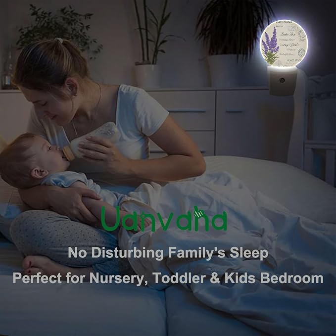 Lavender Night Light Purple Floral Spring Summer Flowers Night Lights Plug into Wall Dusk to Dawn Sensor Round LED Lighting for Men Women Boys Girls, 0.5W Energy Efficient