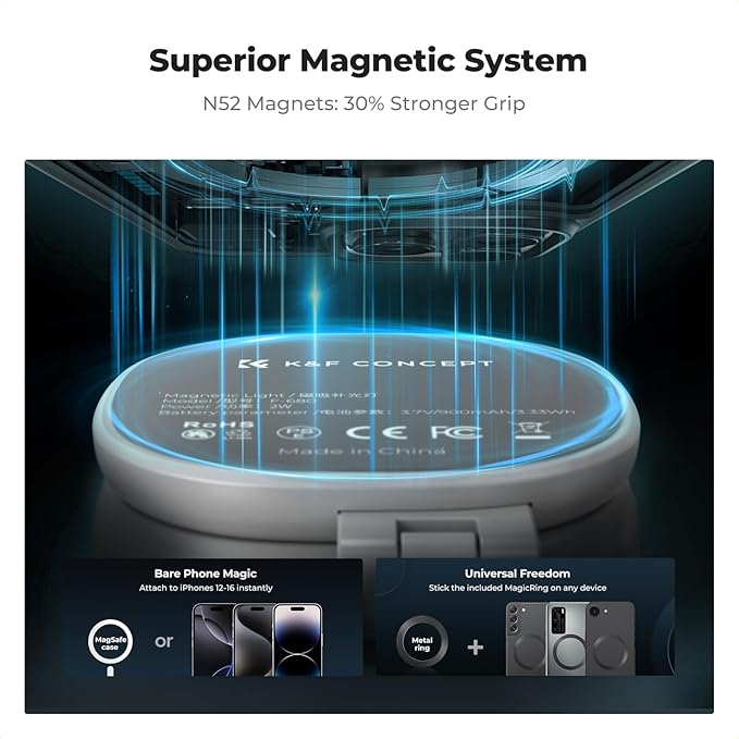 K&F CONCEPT Magnetic Selfie Light with 360°Rotation & Mirror, CRI95+ Foldable Phone Ring Light Compatible with iPhone Magsafe/Android, Portable LED Fill Light for Photography/Vlogging