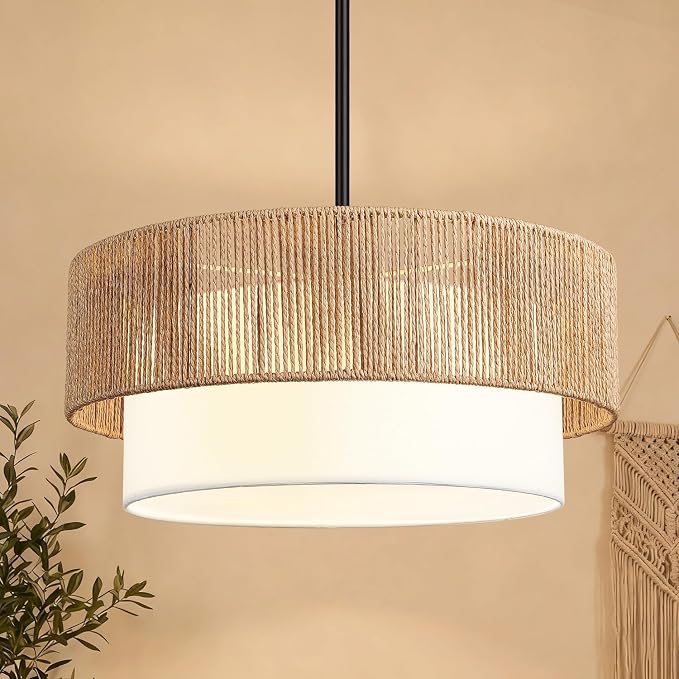 9"-52" Height Adjustable Farmhouse Chandelier Light Fixture, 5-Light Rattan Boho Chandeliers for Dining Room, Hand Woven Pendant Light with Linen Shade, Rustic Hanging Lighting for Kitchen Island