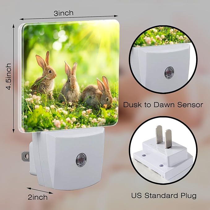 Easter Bunny in The Meadow Night Light Plug into Wall,Cute Rabbits and Spring Flowers Dusk to Dawn Night Light Plug in,0.5w Energy Saving Sleep Friendly Nightlight for Kids Boys Girls Home Decor