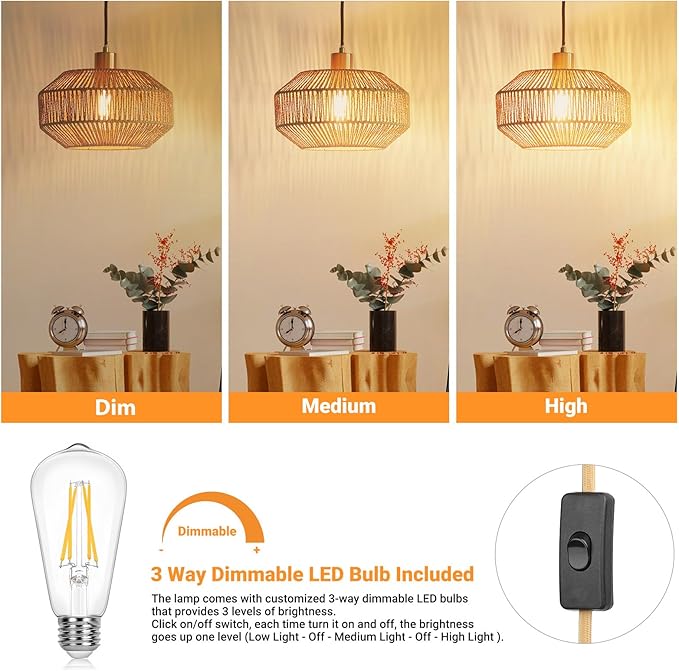 Plug in Pendant Light Paper Woven Rattan Hanging Lights Boho Hanging Lamp Rustic Farmhouse Pendant Lights for Kitchen Dining Room Bedroom Entryway, with 3-Way Dimmable Bulb (Woven)