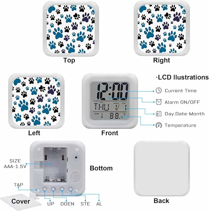 Alarm Clock Blue Paw Print Digital Clock Battery Operated Silent, Black Animals Cat Dog Colored Cartoon Decorative 7 Color LED Night Light Cube Alarm Clocks for Bedrooms Bedside Office