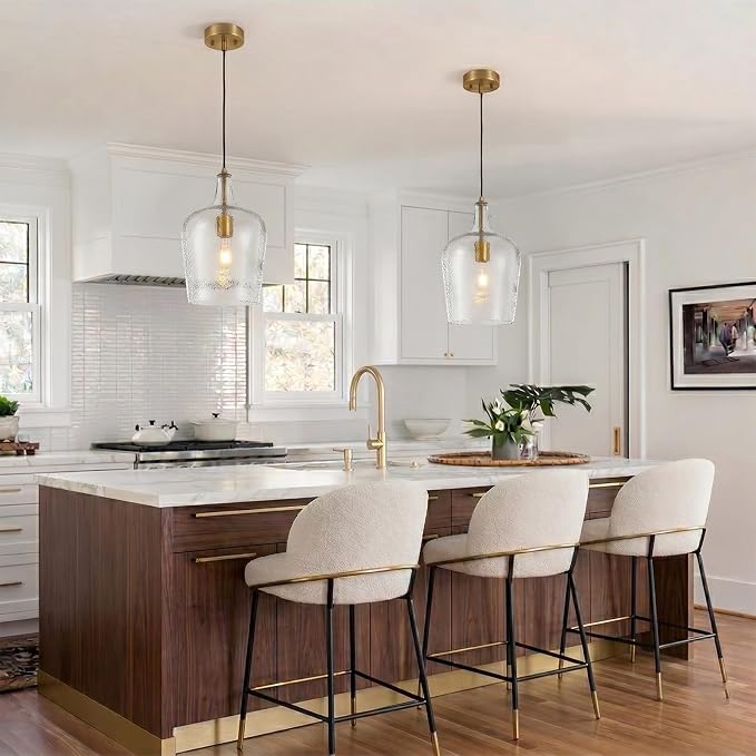 9.3" Blown Glass Pendant Lighting for Kitchen Island, Gold Large Pendant Light Fixture with Blown Thickened Glass, 1 Light Farmhouse Hanging Light for Hallway, Bedroom, Living Room Tall 14 inch