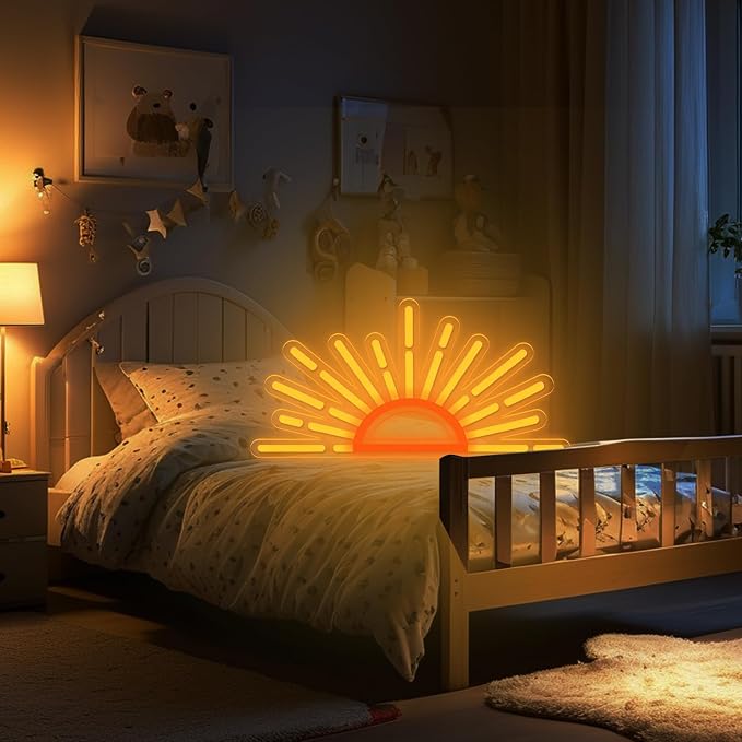 Sunrise Neon Sign, LED Half Sun Wall Light, Orange and Yellow, Bedroom and Living Room Decor