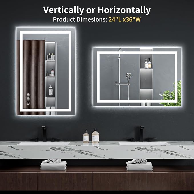 24"x36" LED Bathroom Mirror with Lights, Backlit+Frontlit, Anti-Fog | CRI 95, Stepless Dimmable, 3 Colors Lighting, Shatterproof Tempered Glass, HD Reflection, Memory, (Horizontal/Vertical)