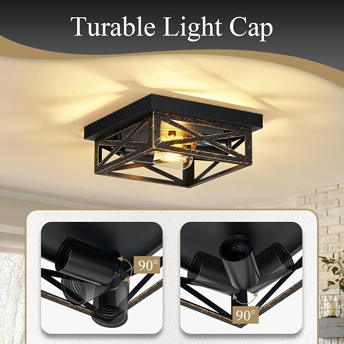 SKEJAO Black Flush Mount Ceiling Light Fixture,2-Light Square Rustic Vintage Metal Black Hallway Light Fixtures Ceiling for Farmhouse,Kitchen,Hall,Bedroom (2 Pack)