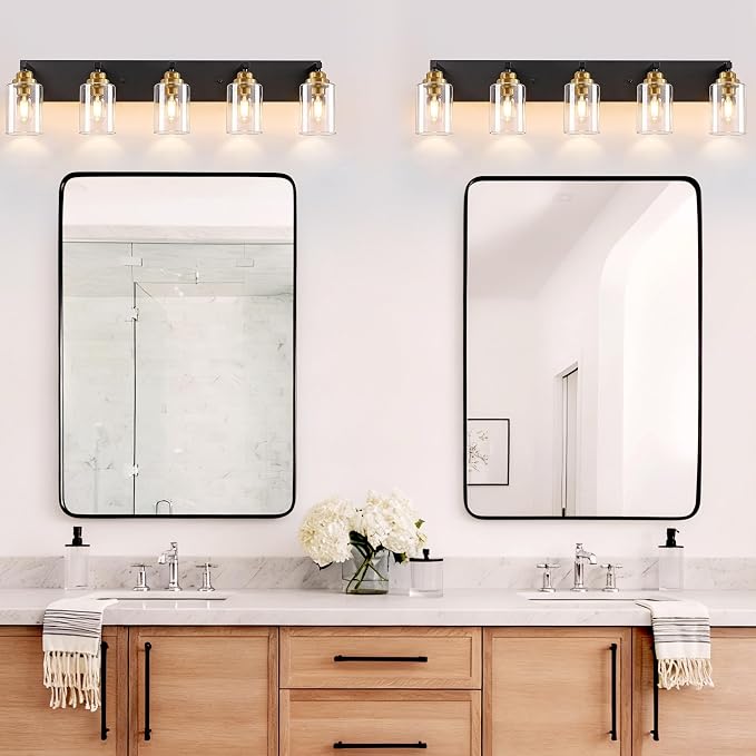 5-Light Black and Gold Bathroom Vanity Light, Clear Glass Shade | 35.4" Wall Mount Over Mirror Lighting Fixtures, Brushed Gold Finish, Durable Metal, Modern Farmhouse Style, for Bathroom
