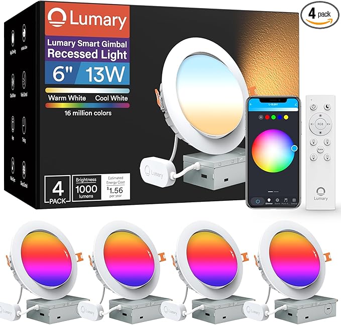 Lumary Smart Gimbal Recessed Lighting 6 Inch with Remote, RGBWW WiFi Ceiling Light Swivel 355° & Tilt 20°, Work with Alexa Google, Adjustable LED Can Lights Canless with J-Box, 1000lm CRI90, 4Pack