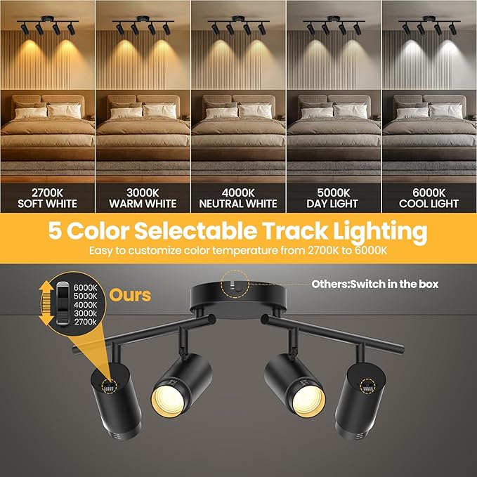 5-Color Zoomable 4 Light Track Lighting Fixtures Ceiling for Kitchen, Dimmable LED Track Lighting Kit, Ceiling Spotlight Flush Mount Adjustable Directional Spot Lights Indoor, CRI90 30W, Black