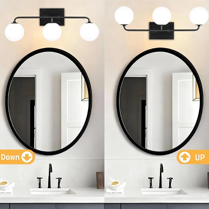 24.8" Black Globe Bathroom Vanity Light, 3-Light Mid Century Light Fixtures Over Mirror, Modern Vanity Lighting with Milk White Glass Shade for Bathroom Bedroom Living Room Hallway
