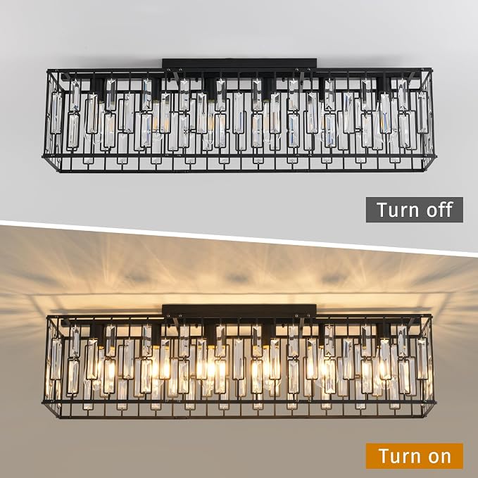 Garwarm 6-Light Crystal Flush Mount Ceiling Light, 38.7" Black Rectangle | Crystal Modern Chandelier Rectangular Dining Room Light Fixture for Low Ceiling, Kitchen Island, Living Room, Foyer, Entryway