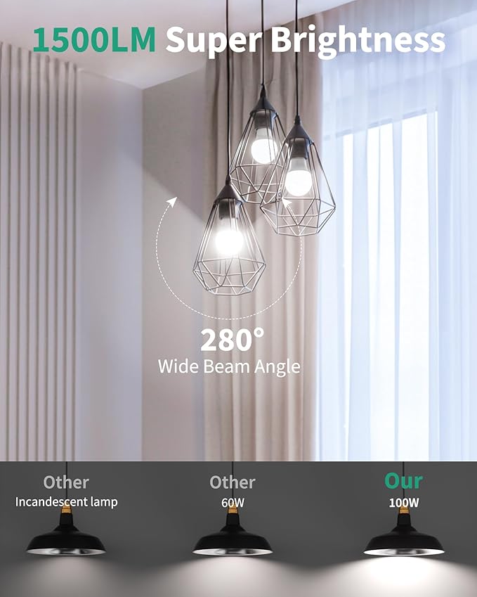 6 Pack LED Light Bulbs 100 Watt Equivalent, A19 15W 5000K Daylight, Super Bright White Light 1500 Lumens, E26 Standard No Flicker Energy Saving Lamp Bulb for Home, Bedroom, Office, Non-Dimmable