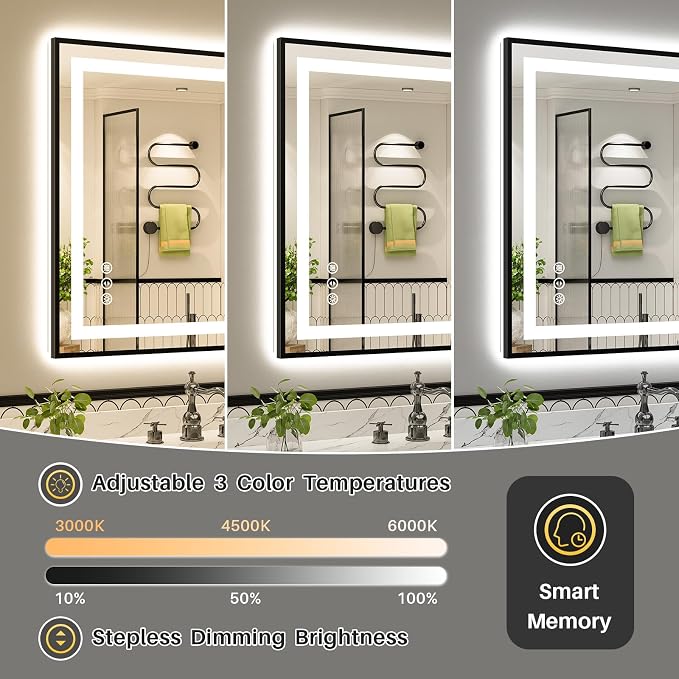 44x30 Inch LED Bathroom Mirror with Black Frame, Backlit & Front Lit | Anti-fog, 3 Color Dimmable, Memory Function, HD Reflection Tempered Glass, ETL Listed, IP54 Waterproof