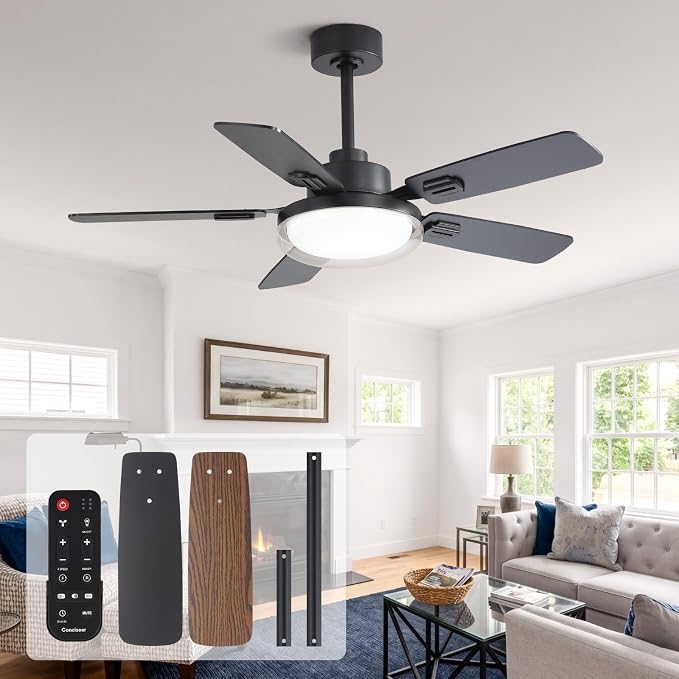 Conciseer 44 Inch Ceiling Fans with Lights and Remote, Bedroom Living Room Office Outdoor, 5CCT Dimmable, Dual Color 5 Blades, 6 Speed Reversible Quiet DC Motor, Dual-Layer Shade, Black/Wood Grain