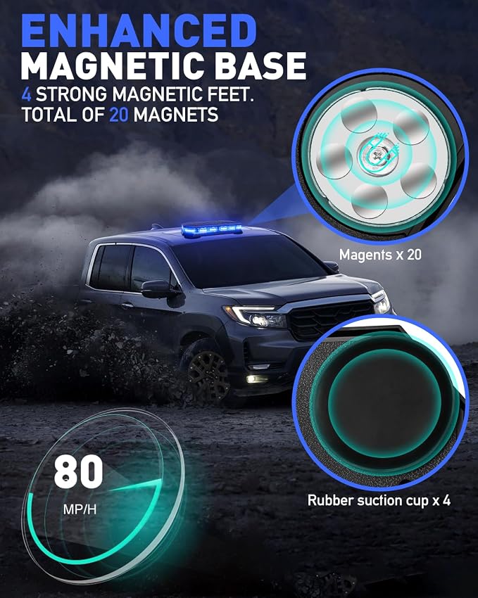 HLauto 406D Rooftop Emergency Strobe Lights Bar, 102 LED Blue Mini Beacon Safety Flashing Warning Traffic Lights Bar w/Magnetic Base for 12-24V Trucks, Construction Vehicles, Snowplow, Cars