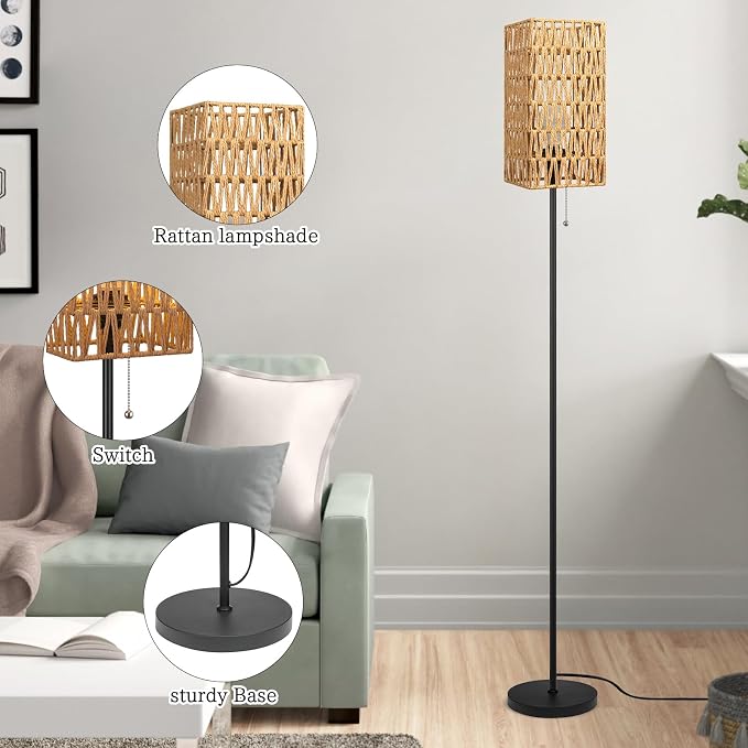 Ruiever Floor Lamp for Living Room,Farmhouse Floor lamp,Modern Standing lamp with Hand-Worked Rattan Shade (Square Shade-3 Color Blub)